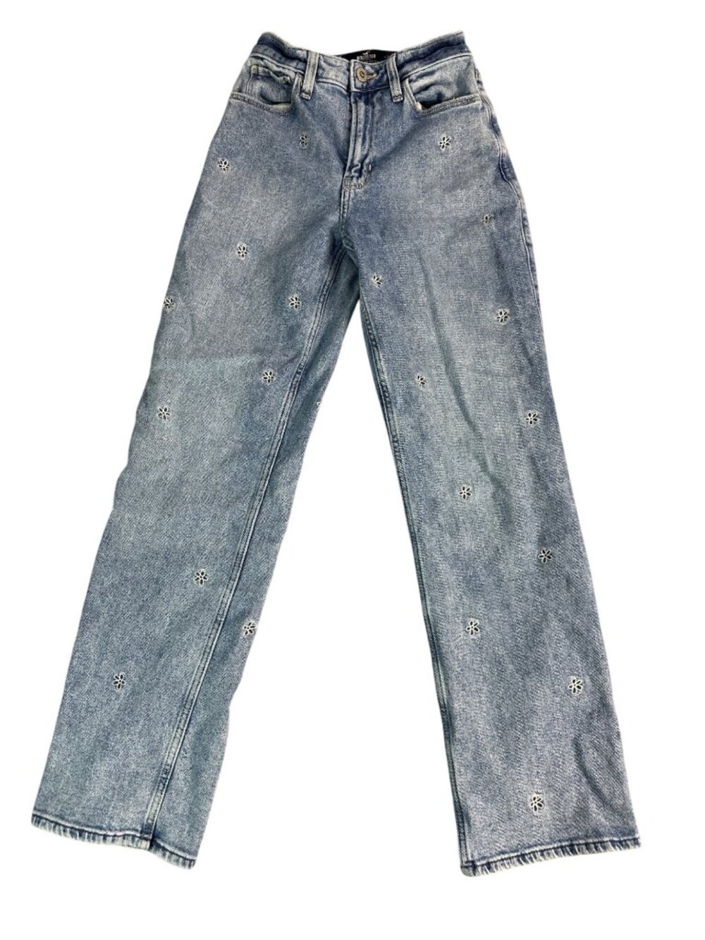 Hollister Ultra High Rise Dad Jeans 0 25R Floral Eyelet Embroidered Denim